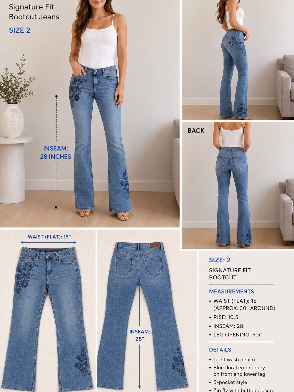 Signature Light Blue Bootcut Jeans with Blue Floral Embroidery